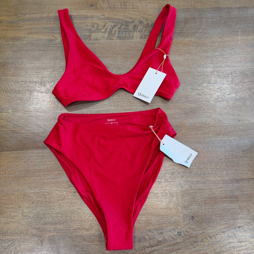Quince Red High Waisted Bikini Set V-Neck Top High Cut Bottom Small NWT Bathing